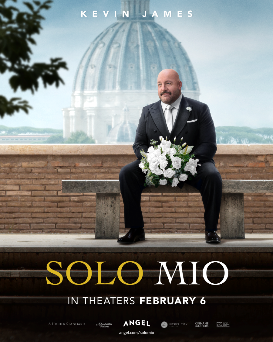A groom sitting on a bench holding flowers in his lap, with Rome in the background